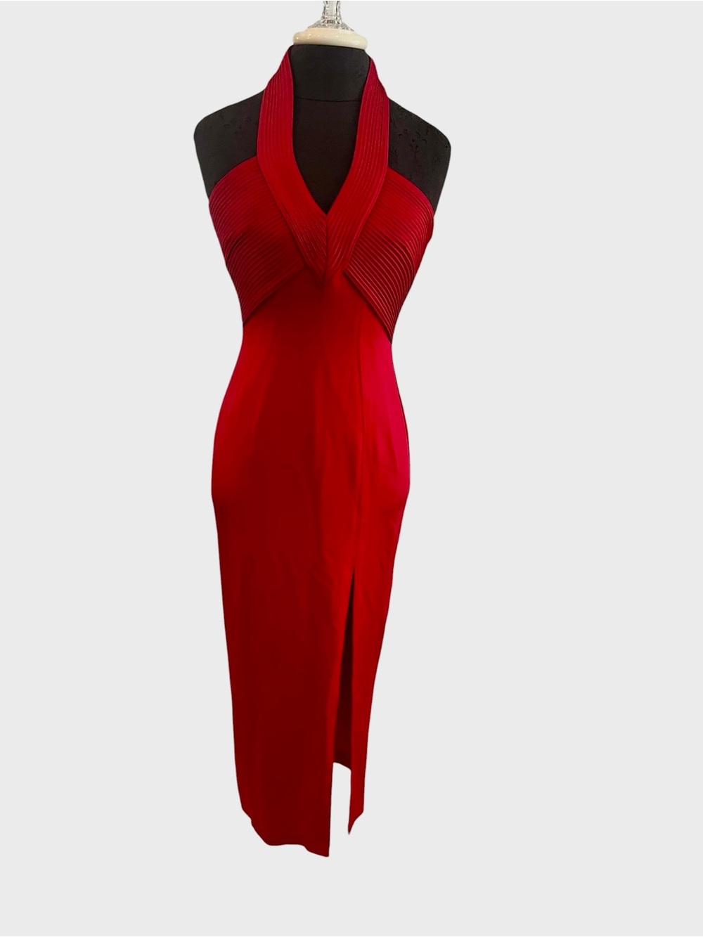 Tadashi Shoji Red Scuba Knit Pleated Bodice Halter Dress Small Spectacular